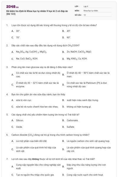 Đề kiểm tra định kì Khoa học tự nhiên 9 học kì 2 có đáp án (Đề 123)