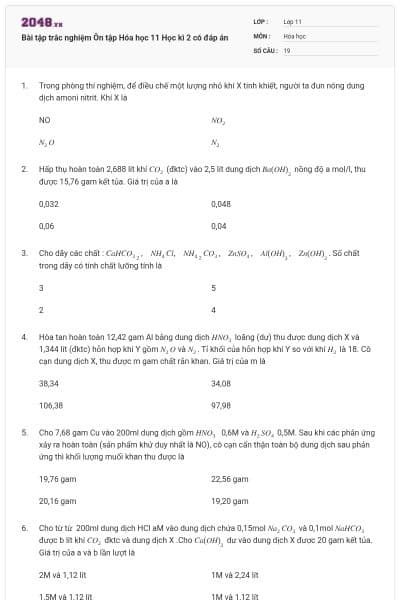 Bài tập trắc nghiệm Ôn tập Hóa học 11 Học kì 2 có đáp án