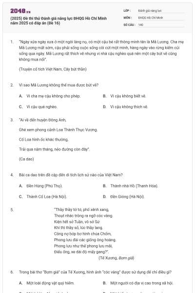 (2025) Đề thi thử Đánh giá năng lực ĐHQG Hồ Chí Minh năm 2025 có đáp án (Đề 16)