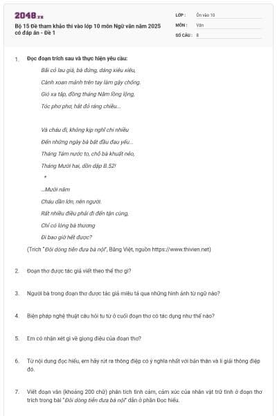 Bộ 15 Đề tham khảo thi vào lớp 10 môn Ngữ văn năm 2025 có đáp án - Đề 1