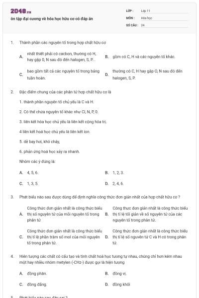 ôn tập đại cương về hóa học hữu cơ có đáp án