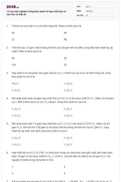 15 câu trắc nghiệm Công thức phân tử hợp chất hữu cơ cực hay có đáp án