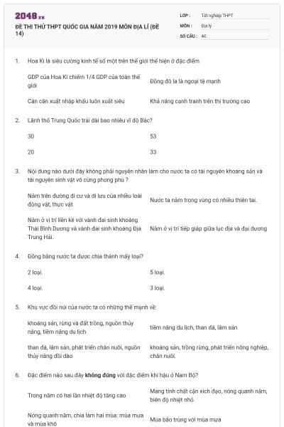 ĐỀ THI THỬ THPT QUỐC GIA NĂM 2019 MÔN ĐỊA LÍ (ĐỀ 14)
