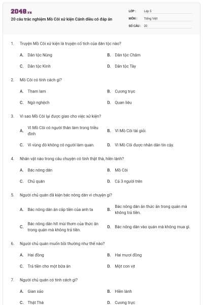 20 câu trắc nghiệm Mồ Côi xử kiện Cánh diều có đáp án