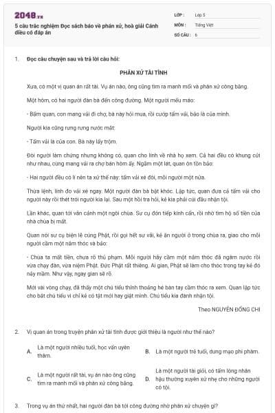 5 câu trắc nghiệm Đọc sách báo về phán xử, hoà giải Cánh diều có đáp án