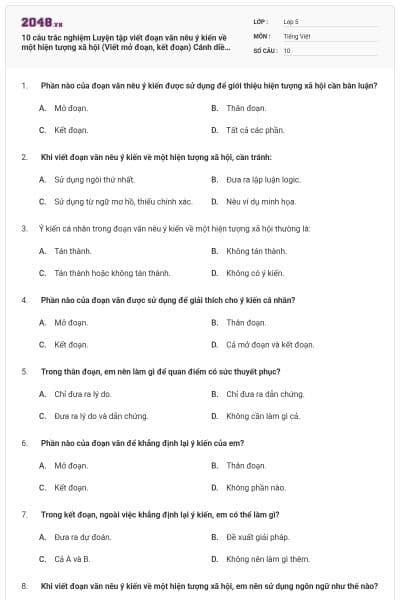 10 câu trắc nghiệm Luyện tập viết đoạn văn nêu ý kiến về một hiện tượng xã hội (Viết mở đoạn, kết đoạn) Cánh diều có đáp án