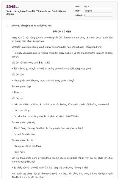 5 câu trắc nghiệm Trao đổi: Ý kiến của em Cánh diều có đáp án