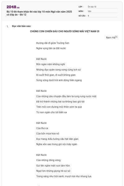 Bộ 15 Đề tham khảo thi vào lớp 10 môn Ngữ văn năm 2025 có đáp án - Đề 12