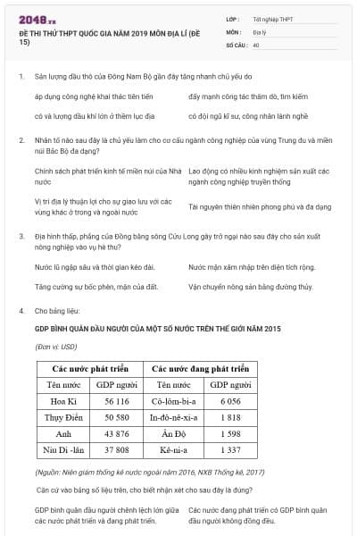 ĐỀ THI THỬ THPT QUỐC GIA NĂM 2019 MÔN ĐỊA LÍ (ĐỀ 15)