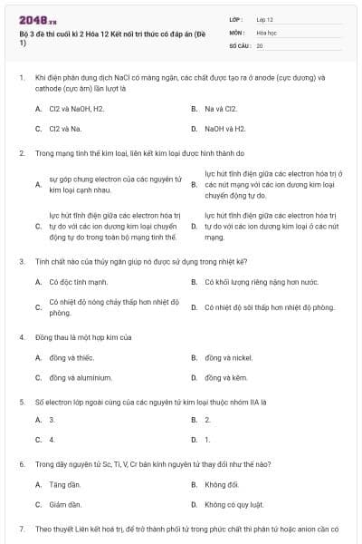 Bộ 3 đề thi cuối kì 2 Hóa 12 Kết nối tri thức có đáp án (Đề 1)