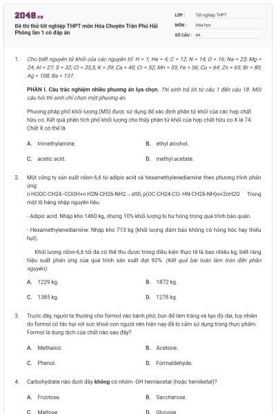 Đề thi thử tốt nghiệp THPT môn Hóa Chuyên Trần Phú Hải Phòng lần 1 có đáp án