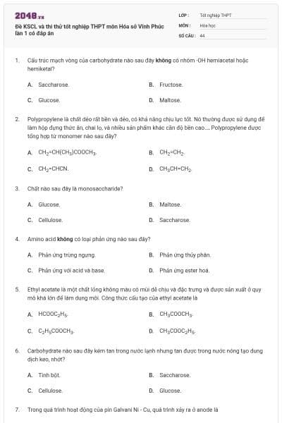 Đề KSCL và thi thử tốt nghiệp THPT môn Hóa sở Vĩnh Phúc lần 1 có đáp án