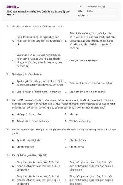 1000 câu trắc nghiệm tổng hợp Quản trị dự án có đáp án - Phần 4