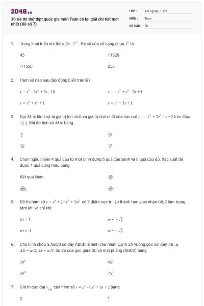 30 Đề thi thử thpt quốc gia môn Toán có lời giải chi tiết mới nhất (Đề số 7)