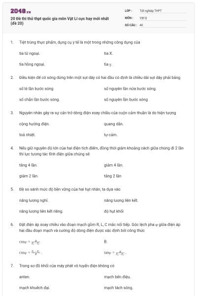 20 Đề thi thử thpt quốc gia môn Vật Lí cực hay mới nhất (đề 20)