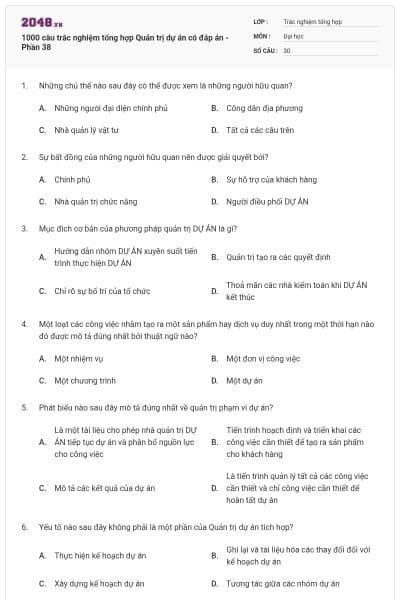 1000 câu trắc nghiệm tổng hợp Quản trị dự án có đáp án - Phần 38