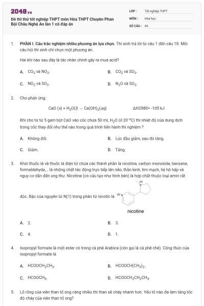 Đề thi thử tốt nghiệp THPT môn Hóa THPT Chuyên Phan Bội Châu Nghệ An lần 1 có đáp án