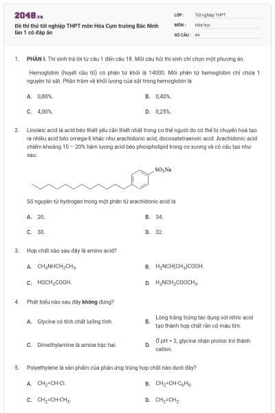 Đề thi thử tốt nghiệp THPT môn Hóa Cụm trường Bắc Ninh lần 1 có đáp án