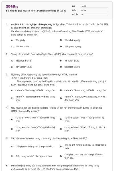 Bộ 3 đề thi giữa kì 2 Tin học 12 Cánh diều có đáp án (Đề 1)