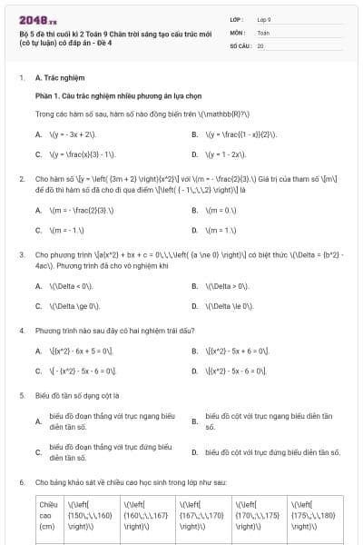 Bộ 5 đề thi cuối kì 2 Toán 9 Chân trời sáng tạo cấu trúc mới (có tự luận) có đáp án - Đề 4