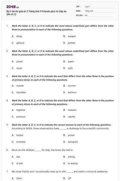 Bộ 5 đề thi giữa kì 2 Tiếng Anh 9 Friends plus có đáp án (Đề số 2)