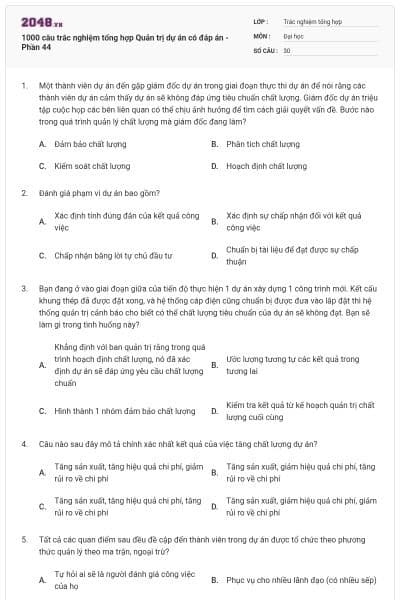 1000 câu trắc nghiệm tổng hợp Quản trị dự án có đáp án - Phần 44