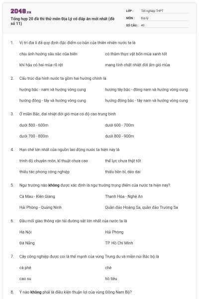 Tổng hợp 20 đề thi thử môn Địa Lý có đáp án mới nhất (đề số 11)