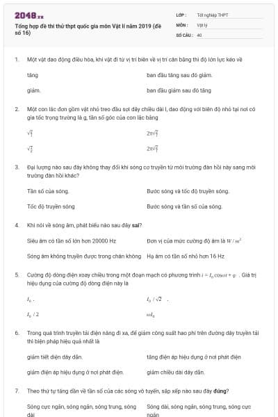 Tổng hợp đề thi thử thpt quốc gia môn Vật lí năm 2019 (đề số 16)