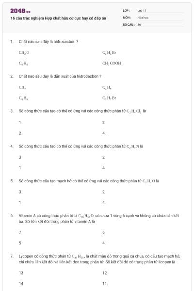 16 câu trắc nghiệm Hợp chất hữu cơ cực hay có đáp án