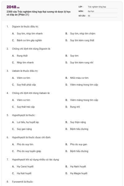 2300 câu Trắc nghiệm tổng hợp Đại cương về dược lý học có đáp án (Phần 21)