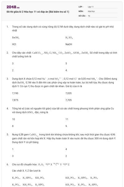 Đề thi giữa kì 2 Hóa học 11 có đáp án (Bài kiểm tra số 1)