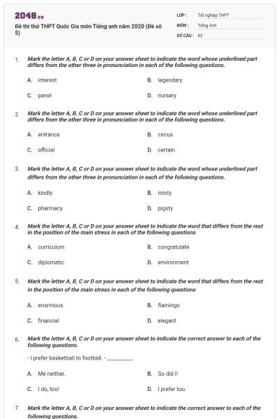 Đề thi thử THPT Quốc Gia môn Tiếng anh năm 2020 (Đề số 5)