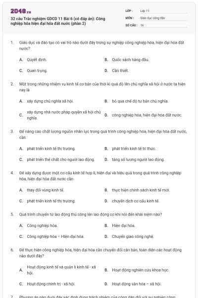 32 câu Trắc nghiệm GDCD 11 Bài 6 (có đáp án): Công nghiệp hóa hiện đại hóa đất nước (phần 2)