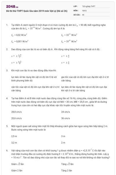 Đề thi thử THPT Quốc Gia năm 2019 môn Vật Lý (Đề số 26)