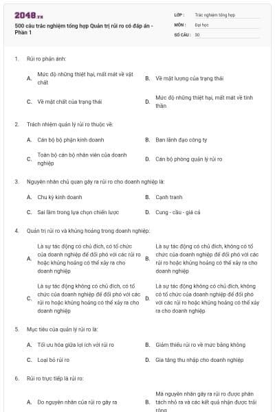 500 câu trắc nghiệm tổng hợp Quản trị rủi ro có đáp án - Phần 1