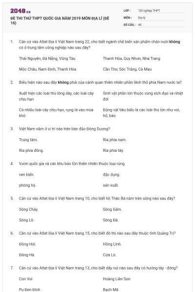 ĐỀ THI THỬ THPT QUỐC GIA NĂM 2019 MÔN ĐỊA LÍ (ĐỀ 16)