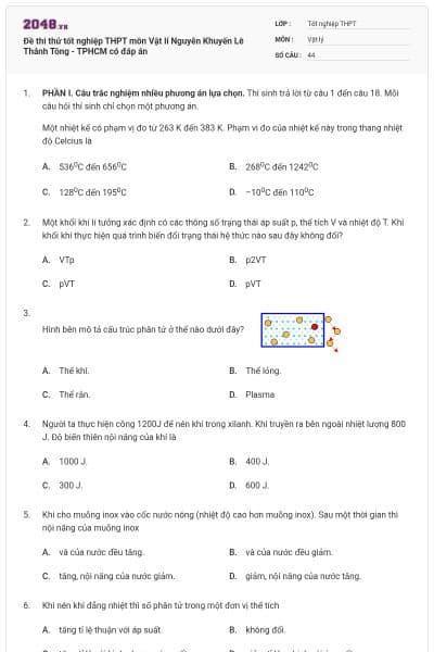 Đề thi thử tốt nghiệp THPT môn Vật lí Nguyễn Khuyến Lê Thánh Tông - TPHCM có đáp án