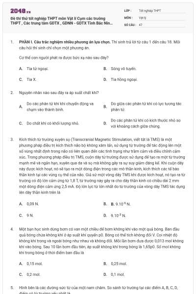 Đề thi thử tốt nghiệp THPT môn Vật lí Cụm các trường THPT , Các trung tâm GDTX , GDNN - GDTX Tỉnh Bắc Ninh có đáp án
