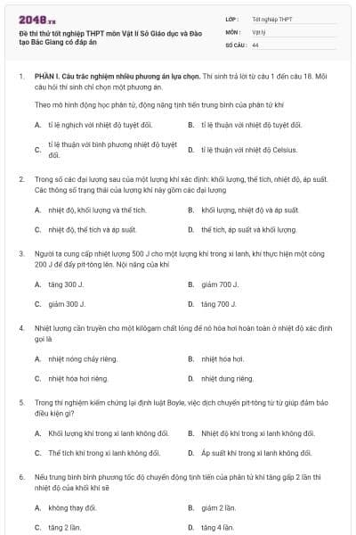 Đề thi thử tốt nghiệp THPT môn Vật lí Sở Giáo dục và Đào tạo Bắc Giang có đáp án