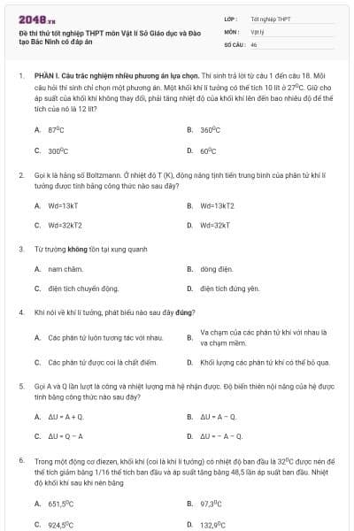 Đề thi thử tốt nghiệp THPT môn Vật lí Sở Giáo dục và Đào tạo Bắc Ninh có đáp án