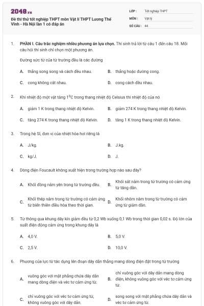 Đề thi thử tốt nghiệp THPT môn Vật lí THPT Lương Thế Vinh - Hà Nội lần 1 có đáp án