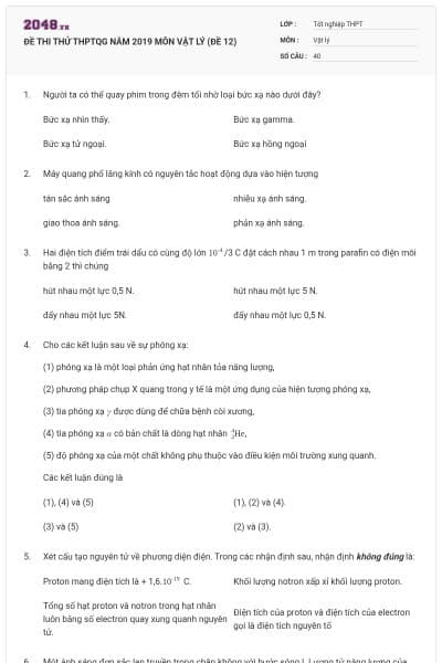 ĐỀ THI THỬ THPTQG NĂM 2019 MÔN VẬT LÝ (ĐỀ 12)