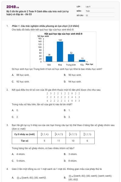 Bộ 5 đề thi giữa kì 2 Toán 9 Cánh diều cấu trúc mới (có tự luận) có đáp án - Đề 03
