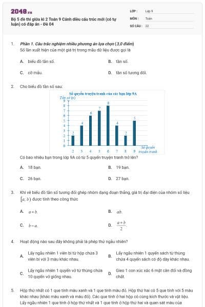 Bộ 5 đề thi giữa kì 2 Toán 9 Cánh diều cấu trúc mới (có tự luận) có đáp án - Đề 04