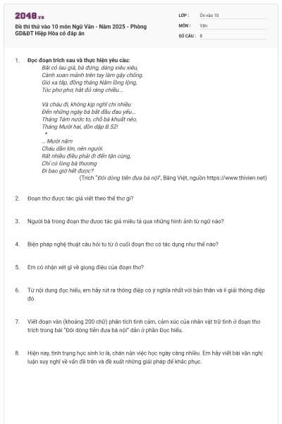 Đề thi thử vào 10 môn Ngữ Văn - Năm 2025 - Phòng GD&ĐT Hiệp Hòa có đáp án