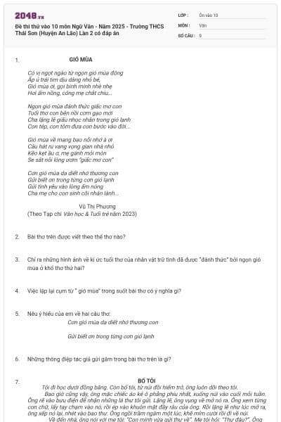 Đề thi thử vào 10 môn Ngữ Văn - Năm 2025 - Trường THCS Thái Sơn (Huyện An Lão) Lần 2 có đáp án