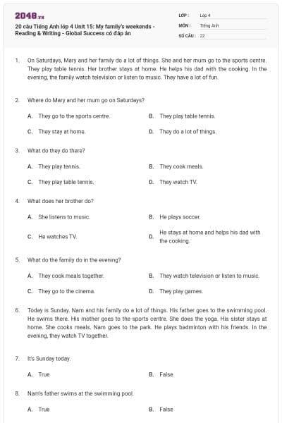 20 câu Tiếng Anh lớp 4 Unit 15: My family’s weekends - Reading & Writing - Global Success có đáp án