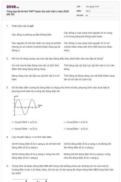 Tổng hợp đề thi thử THPT Quốc Gia môn Vật Lí năm 2020 (Đề 20)