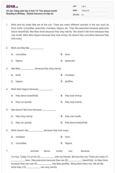 20 câu Tiếng Anh lớp 4 Unit 19: The animal world - Reading & Writing - Global Success có đáp án