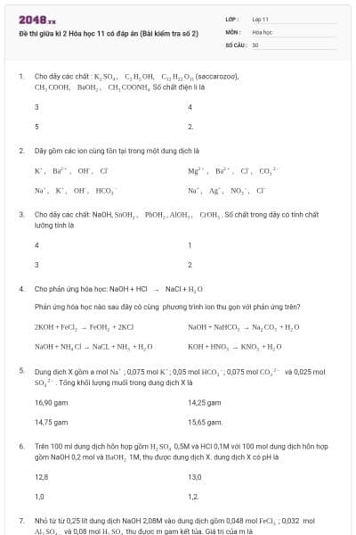 Đề thi giữa kì 2 Hóa học 11 có đáp án (Bài kiểm tra số 2)